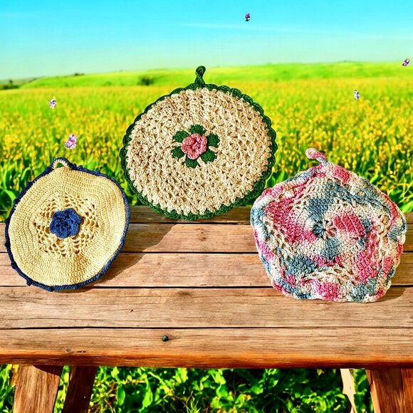 Potholder Hot Pad Hand Crochet Granny Chic Vintage Lot of 3 Small - Picture 11 of 11